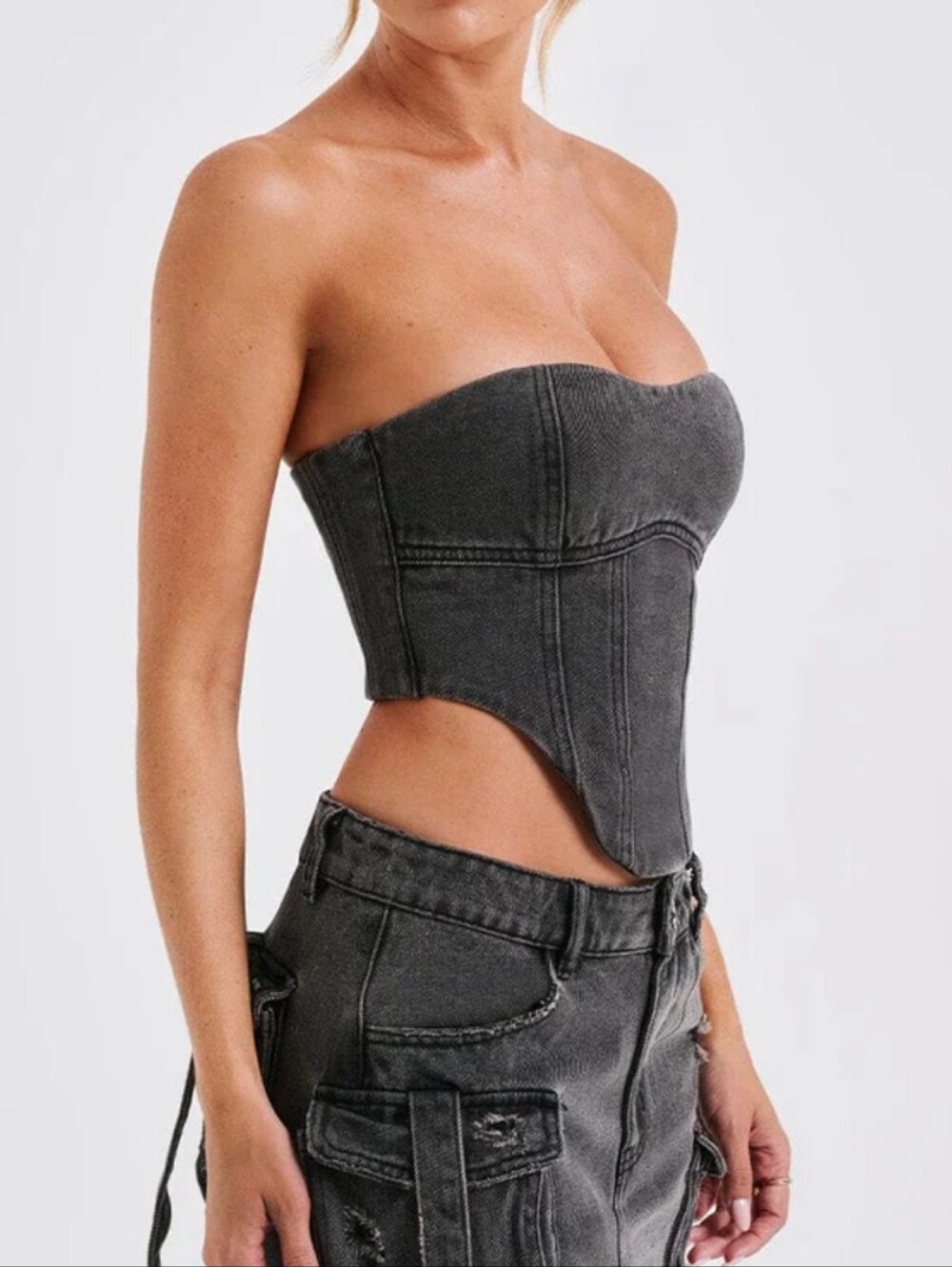 High-Rise Black Denim Bustier Corset Y2K Top